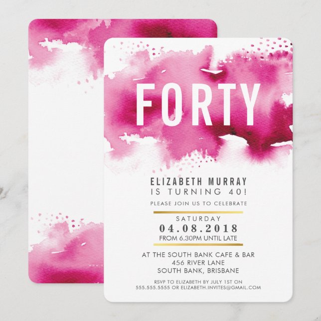 STYLISH 40TH birthday party INVITE watercolor pink (Front/Back)