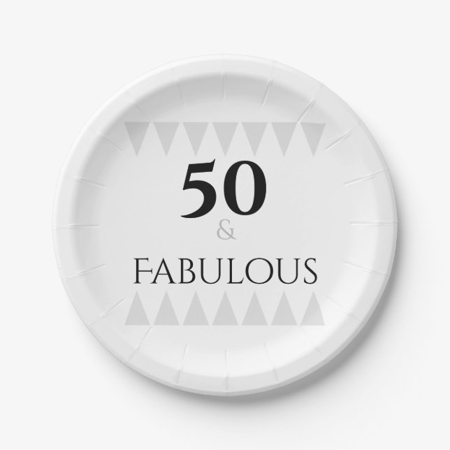 Stylish 50 & Fabulous Typography Silver Black  Paper Plate (Front)
