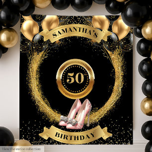 Stylish 50th Birthday Banner Glitter Pink Heels Tapestry