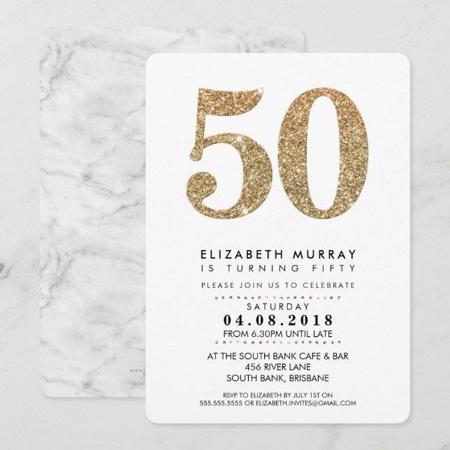 STYLISH 50TH birthday party INVITE gold glitter 50 (Front/Back)