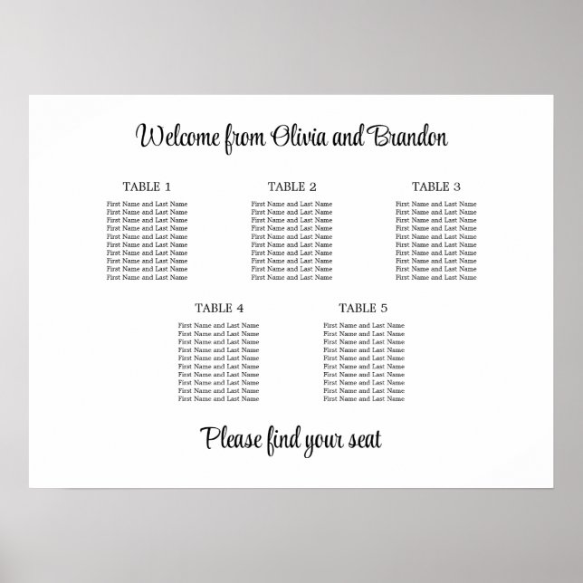Stylish 5 Table Wedding Seating Chart Poster (Front)