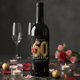 Stylish 60th Birthday Black Gold Red Pink Roses Wine Label