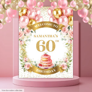 Stylish 60th Birthday Blush Gold Watercolor Banner Tapestry
