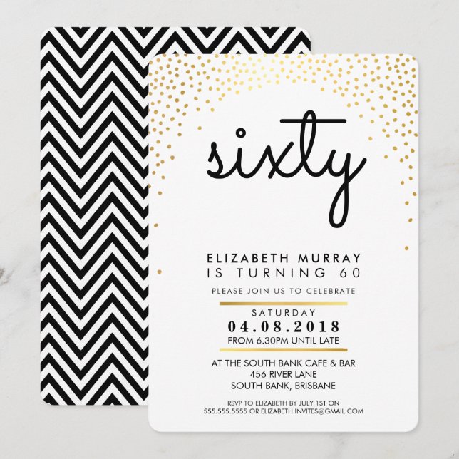 STYLISH 60TH birthday party INVITE gold confetti (Front/Back)