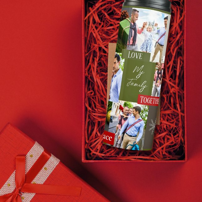 Stylish 6 Photo & Text Red Green Christmas Thermal Tumbler (Creator Uploaded)