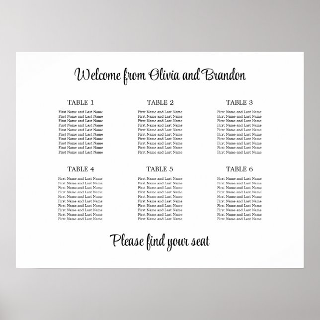 Stylish 6 Table Wedding Seating Chart Poster (Front)