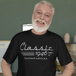 Stylish 78th Birthday Auto Owner, Classic 1946 T-Shirt<br><div class="desc">Celebrate 78 years of sophistication and automotive passion with the "Stylish 78th Birthday Auto Owner, Classic 1946 T-Shirt." Tailored for the individual marking this remarkable milestone, the shirt effortlessly blends vintage charm with contemporary flair. Featuring a sleek design inspired by the iconic year 1946, it's a chic and personalised way...</div>