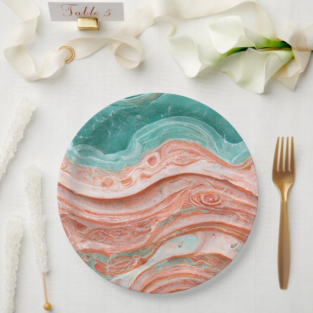 Stylish Abstract Coral and Teal  Paper Plate (Wedding)