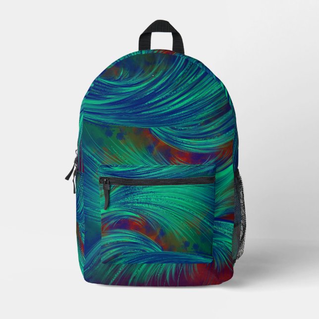 Stylish  Abstract Feathers Green Blue Printed Backpack (Front)