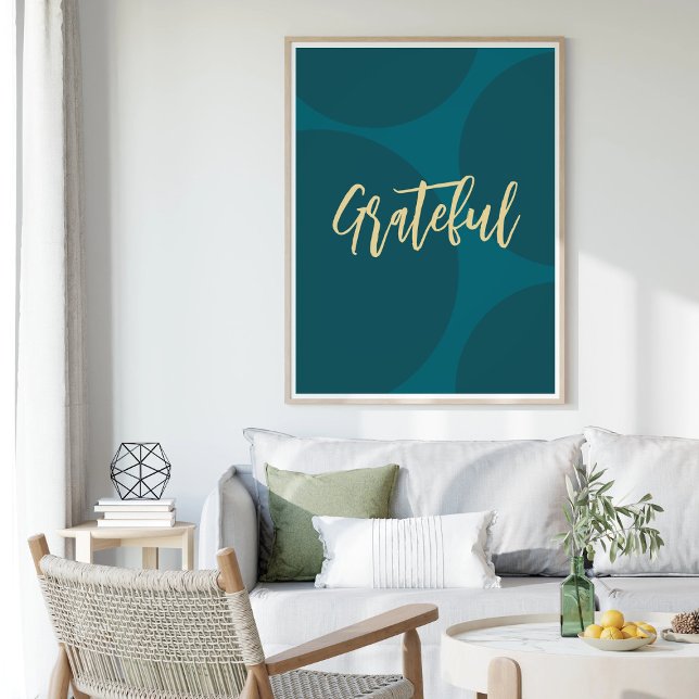 Stylish Abstract Grateful Gratitude Motivational Photo Print (Chic Turquoise Green Gold Script Abstract Grateful Gratitude Motivational Poster)
