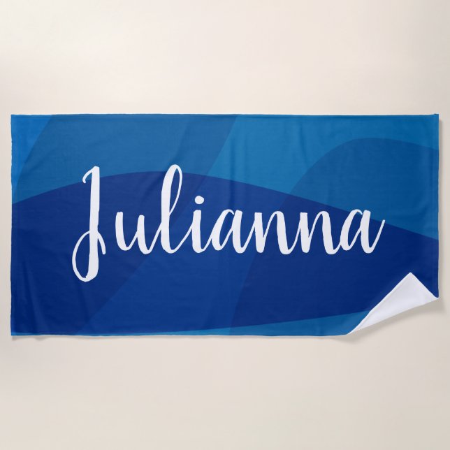 Stylish Abstract Shapes in Blue Personalised Name Beach Towel (Front)