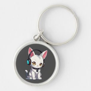 Stylish Adorable Cat in Headphones Key Ring