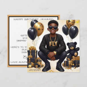 Stylish African American Boy Black/Gold Birthday Card