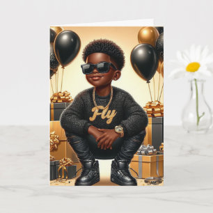 Stylish African American Boy Black/Gold Birthday Card