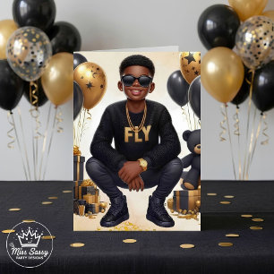 Stylish African American Boy Black Gold Birthday Card