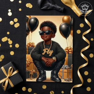 Stylish African American Boy Black/Gold Birthday Card