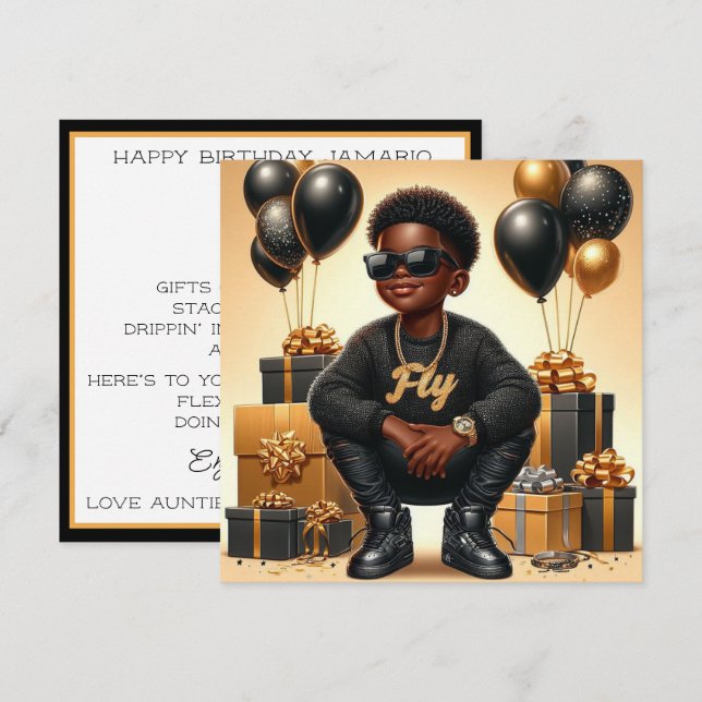 Stylish African American Boy Black/Gold Birthday Holiday Card (Front/Back)