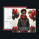 Stylish African American Boy Black/Red Birthday Card<br><div class="desc">Celebrate with style! Our birthday greeting card features an illustration of a happy African American boy rocking a sparkly black and red sweatshirt, black jeans, and luxury sunglasses. He stands amidst big black and red gift boxes, confetti, and balloons. Front texts reads 'Birthday Behaviour'. Customise your special greeting on the...</div>