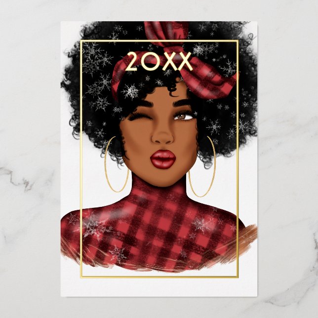 Stylish African American Buffalo Plaid Christmas Foil Holiday Card (Front)