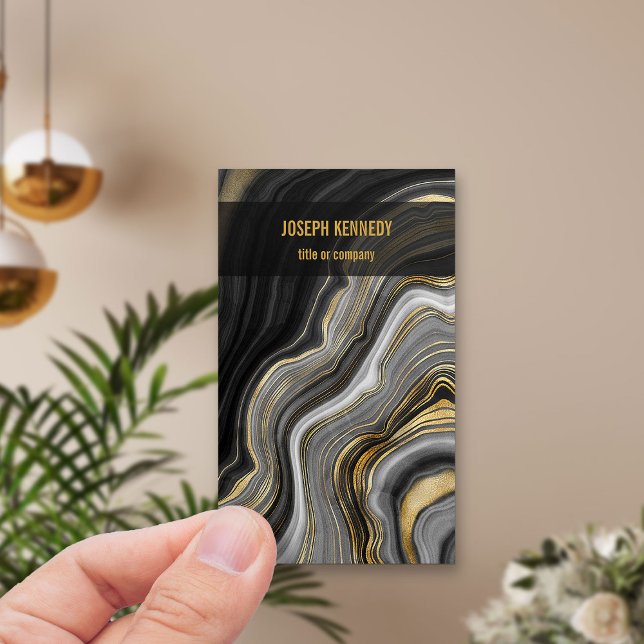 Stylish Agate Black and Gold Vertical Business Card (Vertical business card with black gold and grey agate pattern)