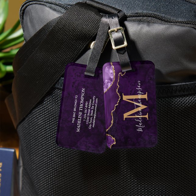Stylish Agate Geode Purple Monogram Luggage Tag (Creator Uploaded)