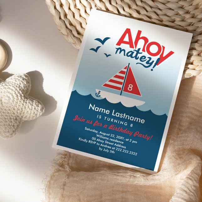 Stylish Ahoy Matey Nautical Boy Birthday Party Invitation (Creator Uploaded)