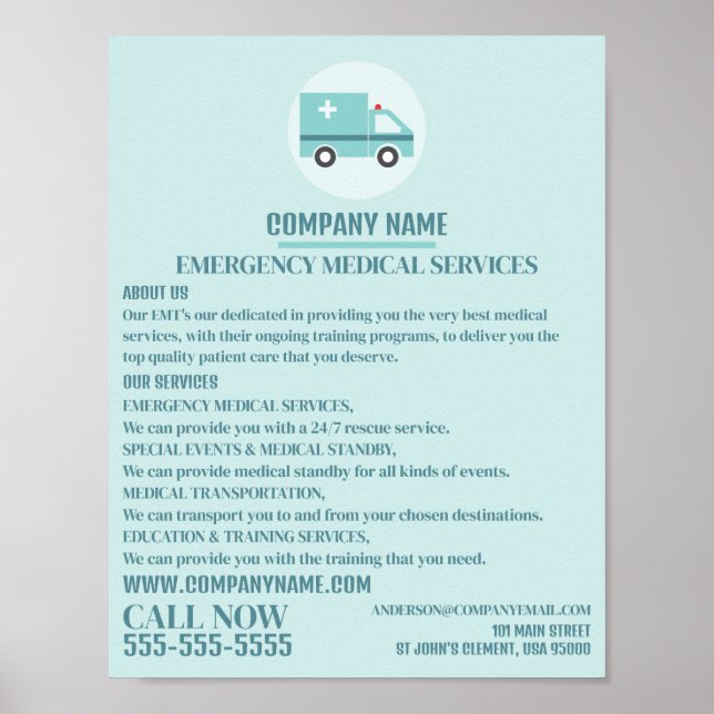 Stylish Ambulance Design, EMT, Paramedic Advert Poster (Front)