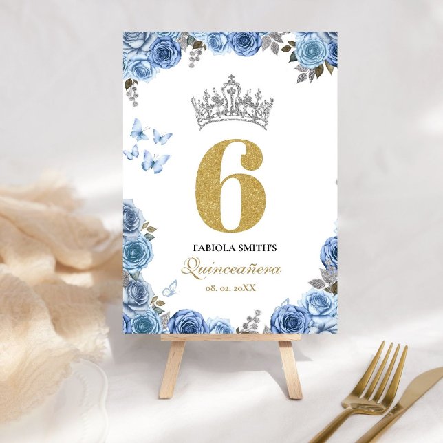 Stylish and chic dusty blue and  gold quinceanera  table number (Creator Uploaded)