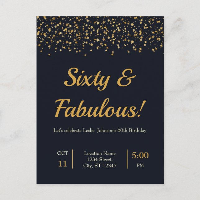 Stylish Any Age Gold Stars Birthday Party Invitation Postcard (Front)