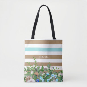 Stylish Aqua and Tan Floral and Stripes With Name Tote Bag