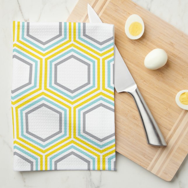 Stylish Aqua and Yellow Geometric Pattern Tea Towel (Quarter Fold)