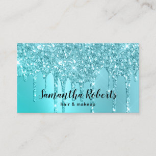 Stylish aqua blue mint glitter drips hair & makeup business card