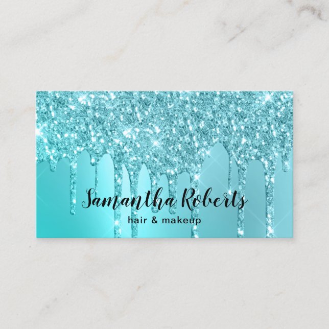 Stylish aqua blue mint glitter drips hair & makeup business card (Front)