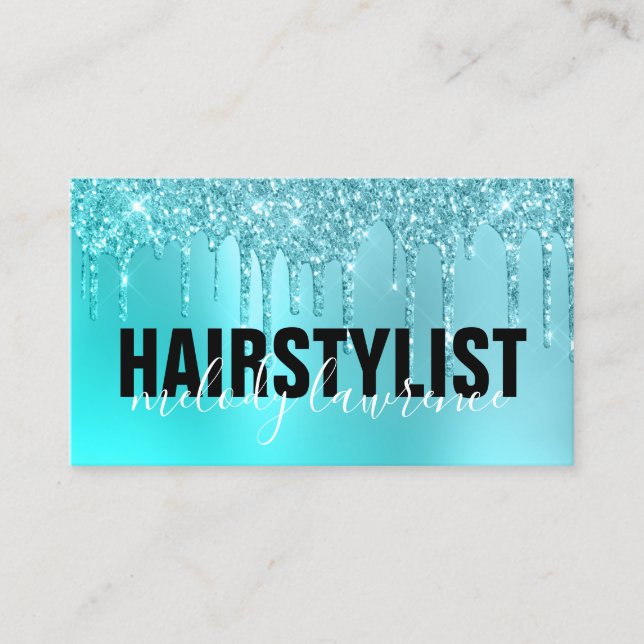 Stylish aqua blue mint glitter drips hairstylist business card (Front)