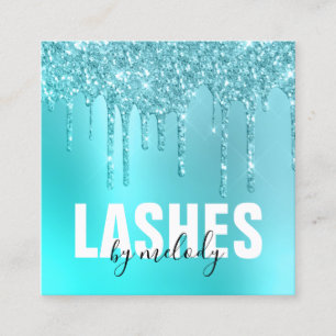 Stylish aqua blue mint glitter drips lashes square business card