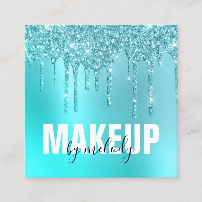 Stylish aqua blue mint glitter drips makeup artist square business card (Front)