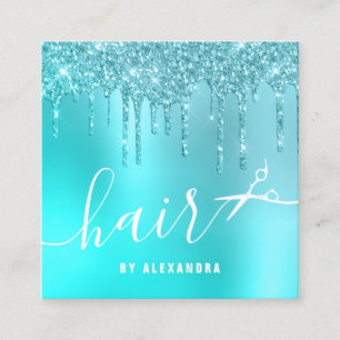 Stylish aqua blue mint glitter drips scissors hair square business card