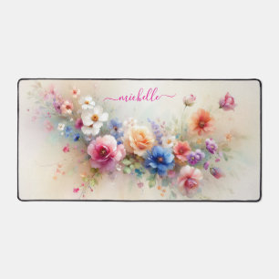 Stylish Aquarell Flowers Custom Name Monogram Desk Mat