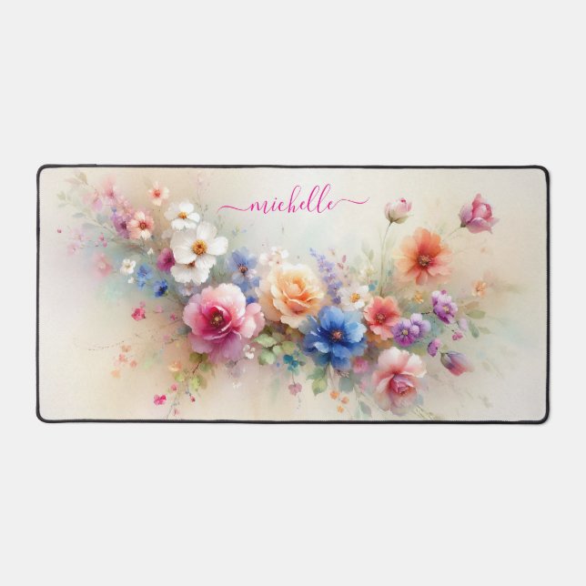 Stylish Aquarell Flowers Custom Name Monogram Desk Mat (Front)