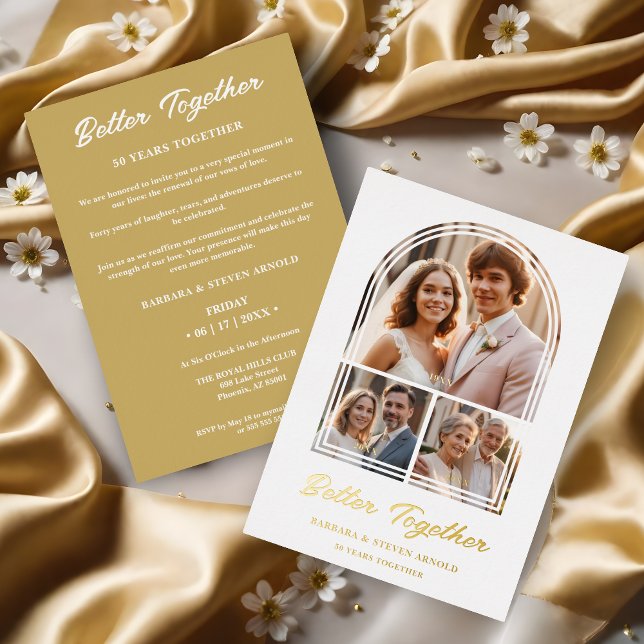 Stylish Arch 3 Photos Elegant Wedding Anniversary  (Stylish Arch 3 Photos Elegant Wedding Anniversary Gold Metallic Foil Invitation Card as a Time Life.)