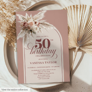 Stylish Arch Pastel Pink Pampas Floral 50 Birthday Invitation