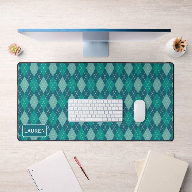 Stylish Argyle Pattern - Teal & Aqua - Custom Name Desk Mat (Office 1)
