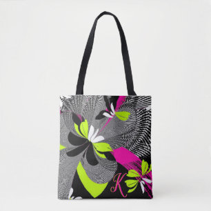 Stylish Art Deco Black & Hot Pink Design Monogram Tote Bag