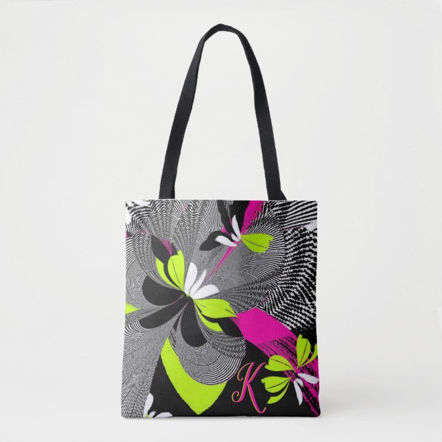 Stylish Art Deco Black & Hot Pink Design Monogram Tote Bag (Front)