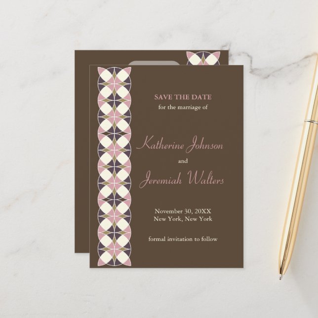 Stylish Art Deco Geometric Pattern Save The Date Announcement Postcard (Front/Back In Situ)