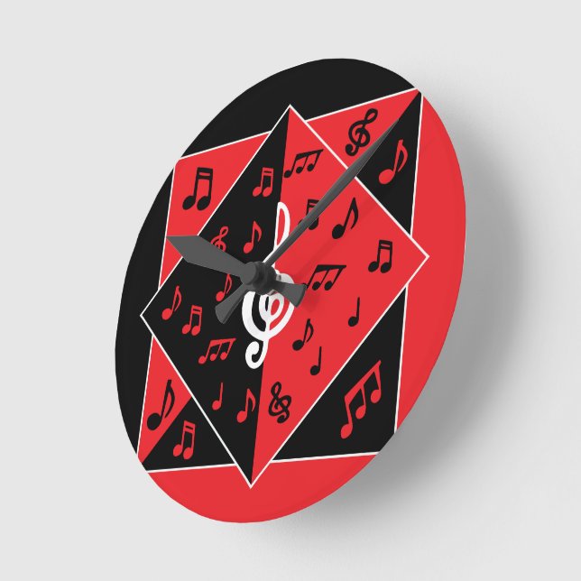 Stylish Art Deco Music Notes Red Black White Round Clock (Angle)