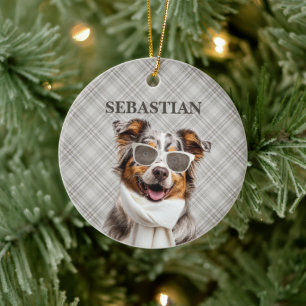 Stylish Australian Shepherd Dog and Plaid Custom Ceramic Tree Decoration