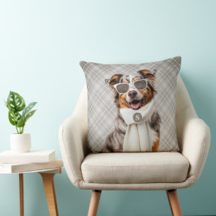 Stylish Australian Shepherd Dog and Plaid Monogram Cushion