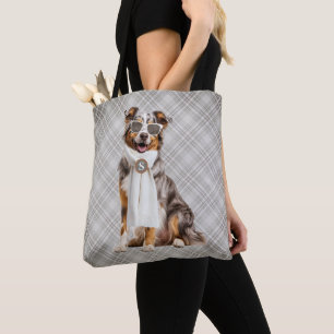 Stylish Australian Shepherd Dog and Plaid Monogram Tote Bag
