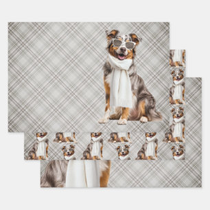 Stylish Australian Shepherd Dog and Plaid Monogram Wrapping Paper Sheet